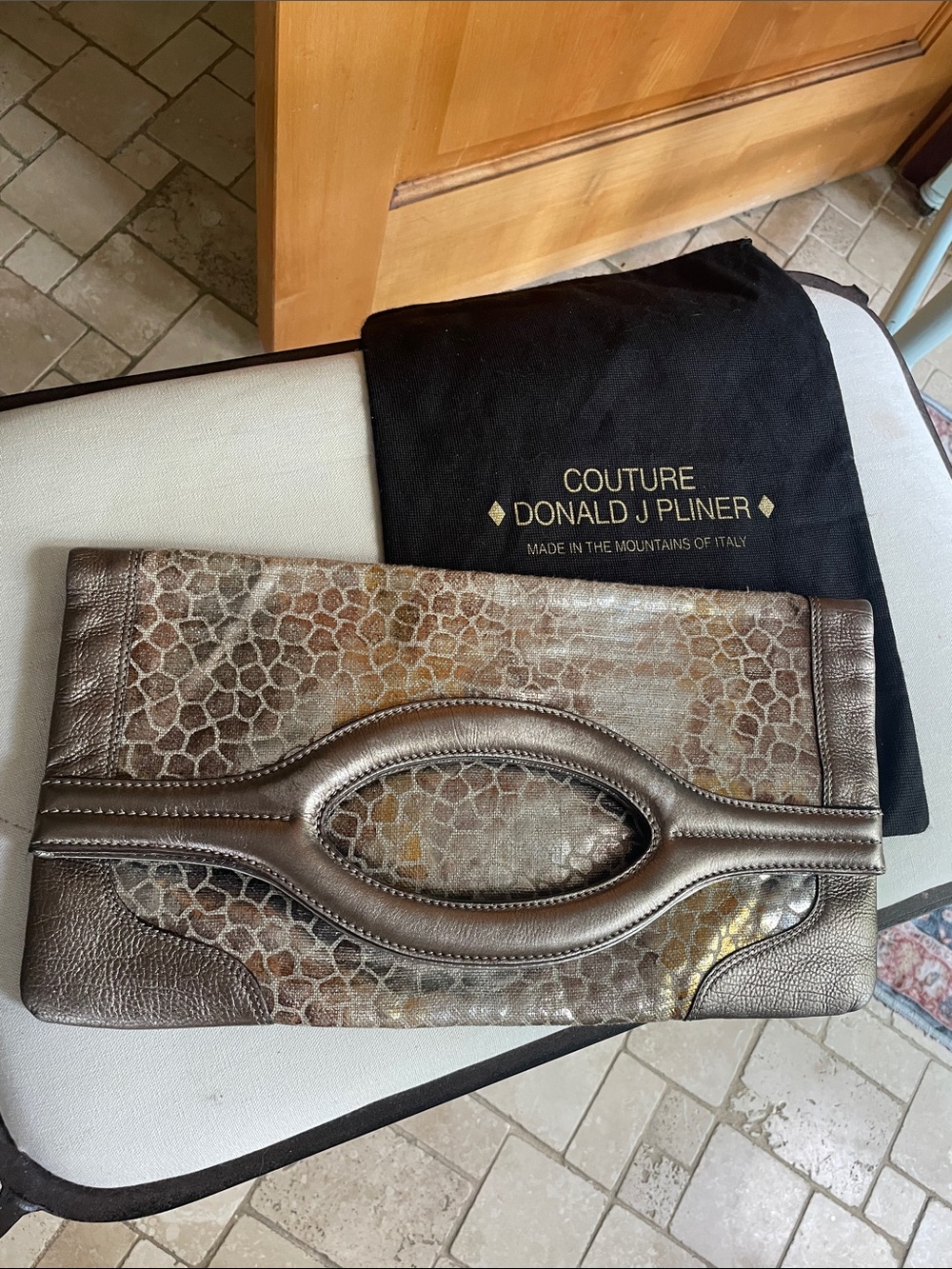 Donald J. Pliner Metallic Bronze Textured Leather Cloth Clutch Authentic Italy